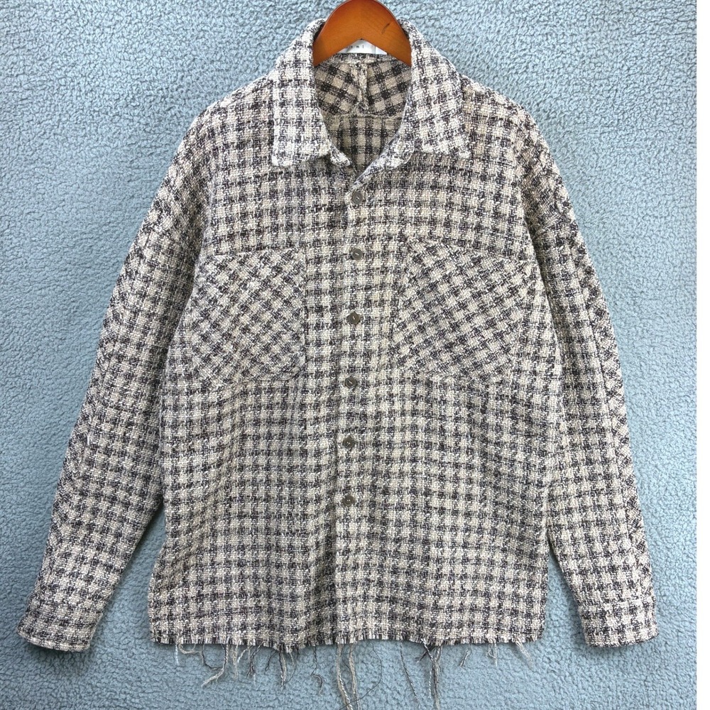 mnml Distressed Raw Hem Plaid Overshirt Jacket Mens M Brown Cream Streetwear